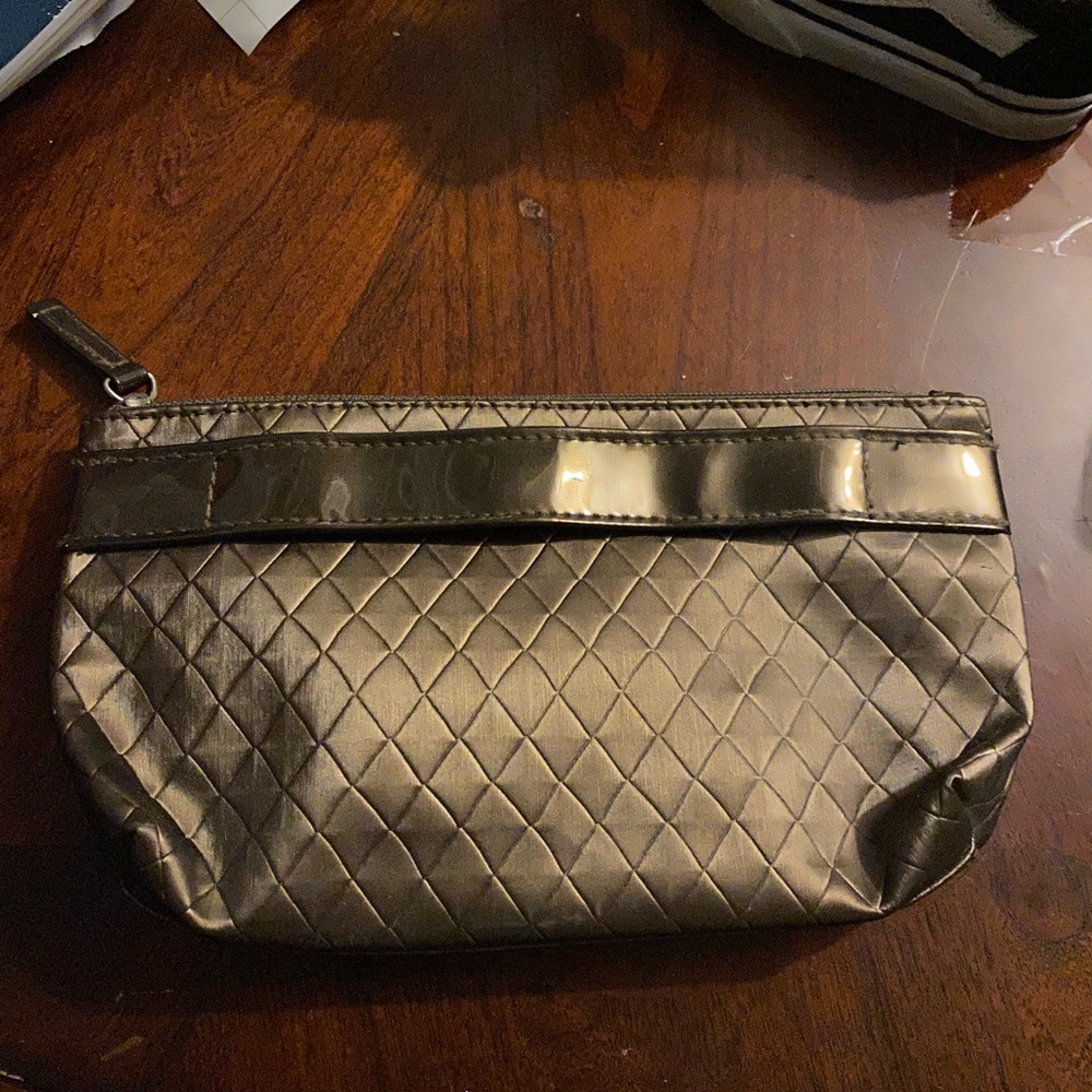Dark Brown Cosmetic Bag With Quilted Appearance Medium Small Size Zip Closure